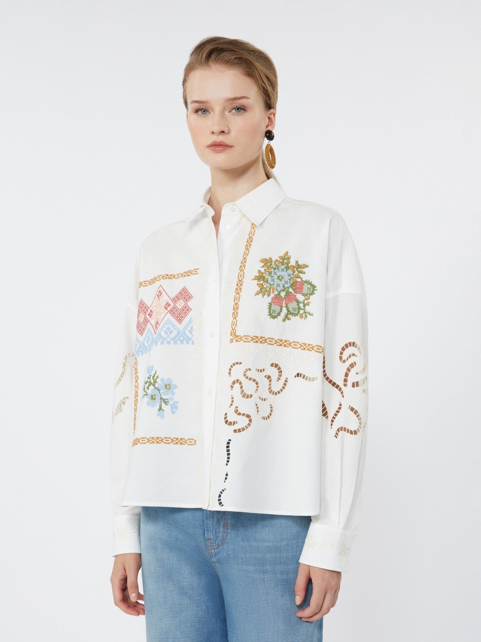 Young Ideas & Henmores - Fonte Embroidered Cross Stitch Shirt - 001 White - 6
