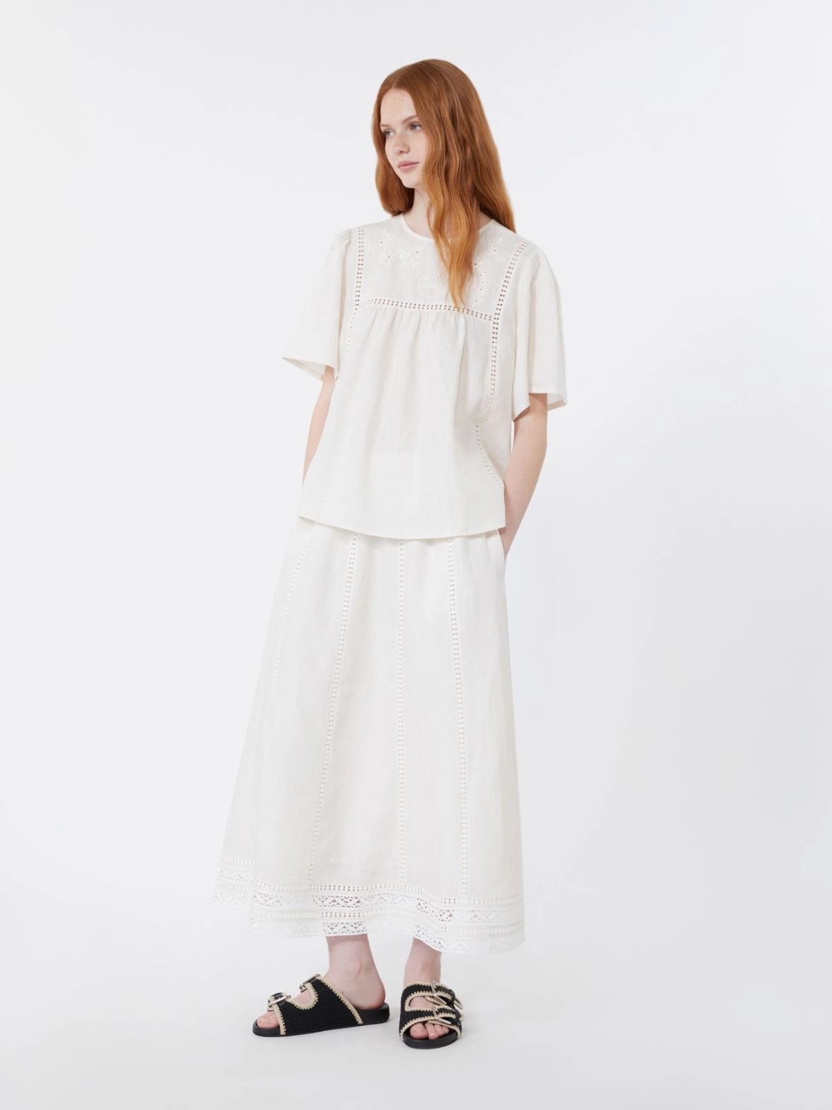 Young Ideas/Henmores - Gergo Linen Embroidered Skirt - 002 Ecru - XS
