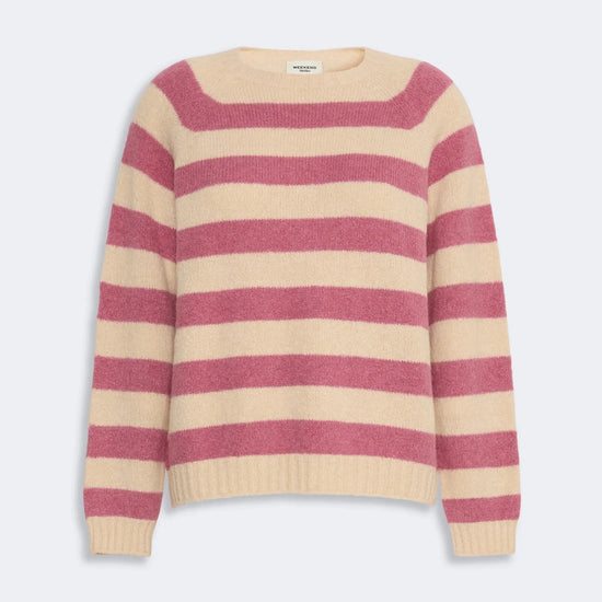 Young Ideas & Henmores - Ghiacci Knitted Crew Neck Jumper - 008 Raspberry Stripe - XS