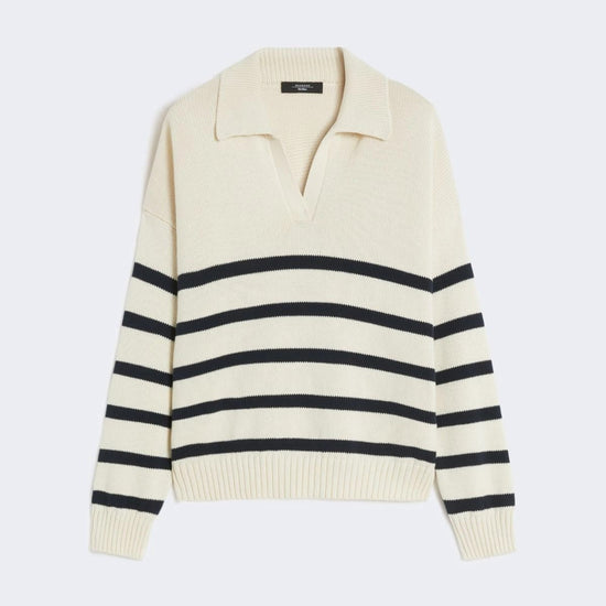 Young Ideas/Henmores - Panfilo V Neck Collared Stripe Jumper - 011 Navy Pinstripes - XS