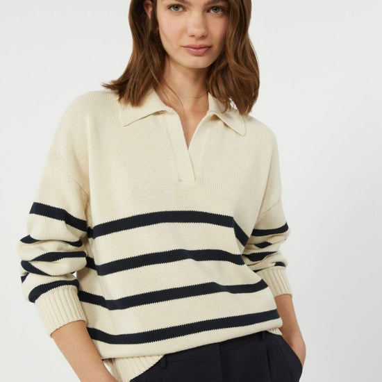 Young Ideas/Henmores - Panfilo V Neck Collared Stripe Jumper - 011 Navy Pinstripes - XS