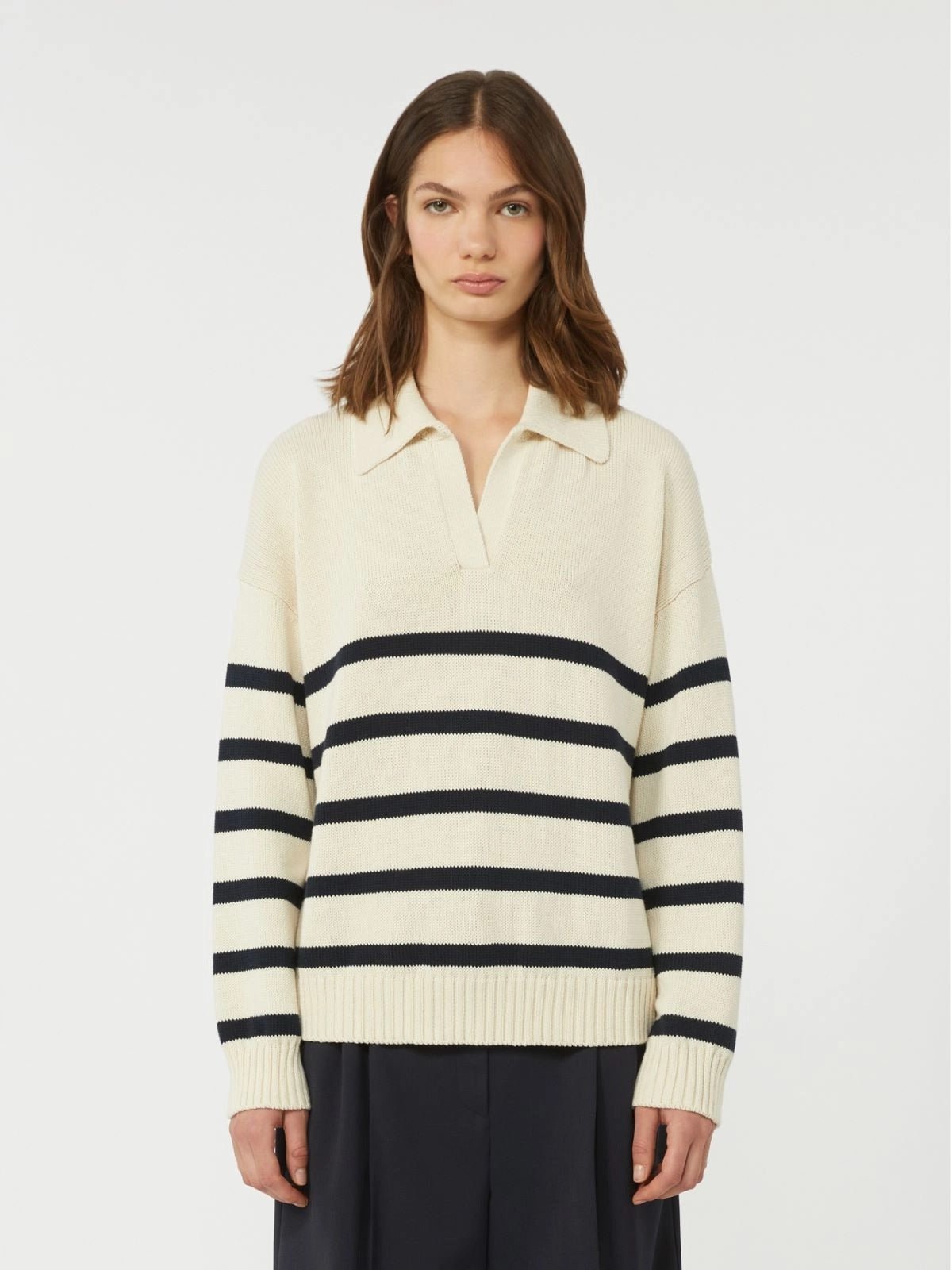 Young Ideas/Henmores - Panfilo V Neck Collared Stripe Jumper - 011 Navy Pinstripes - XS