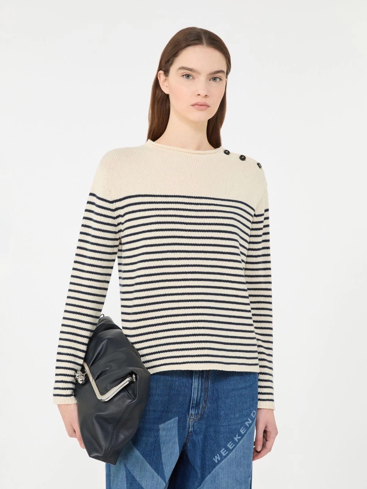 Young Ideas/Henmores - Quadro Shoulder Button Striped Jumper - 011 Navy/Cream - S