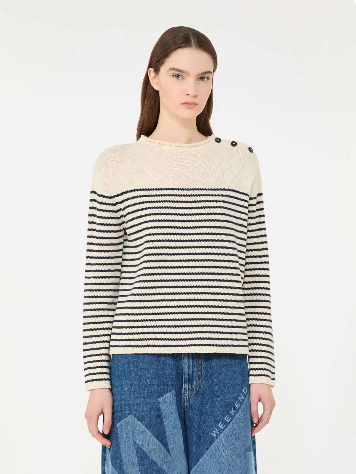 Young Ideas/Henmores - Quadro Shoulder Button Striped Jumper - 011 Navy/Cream - S
