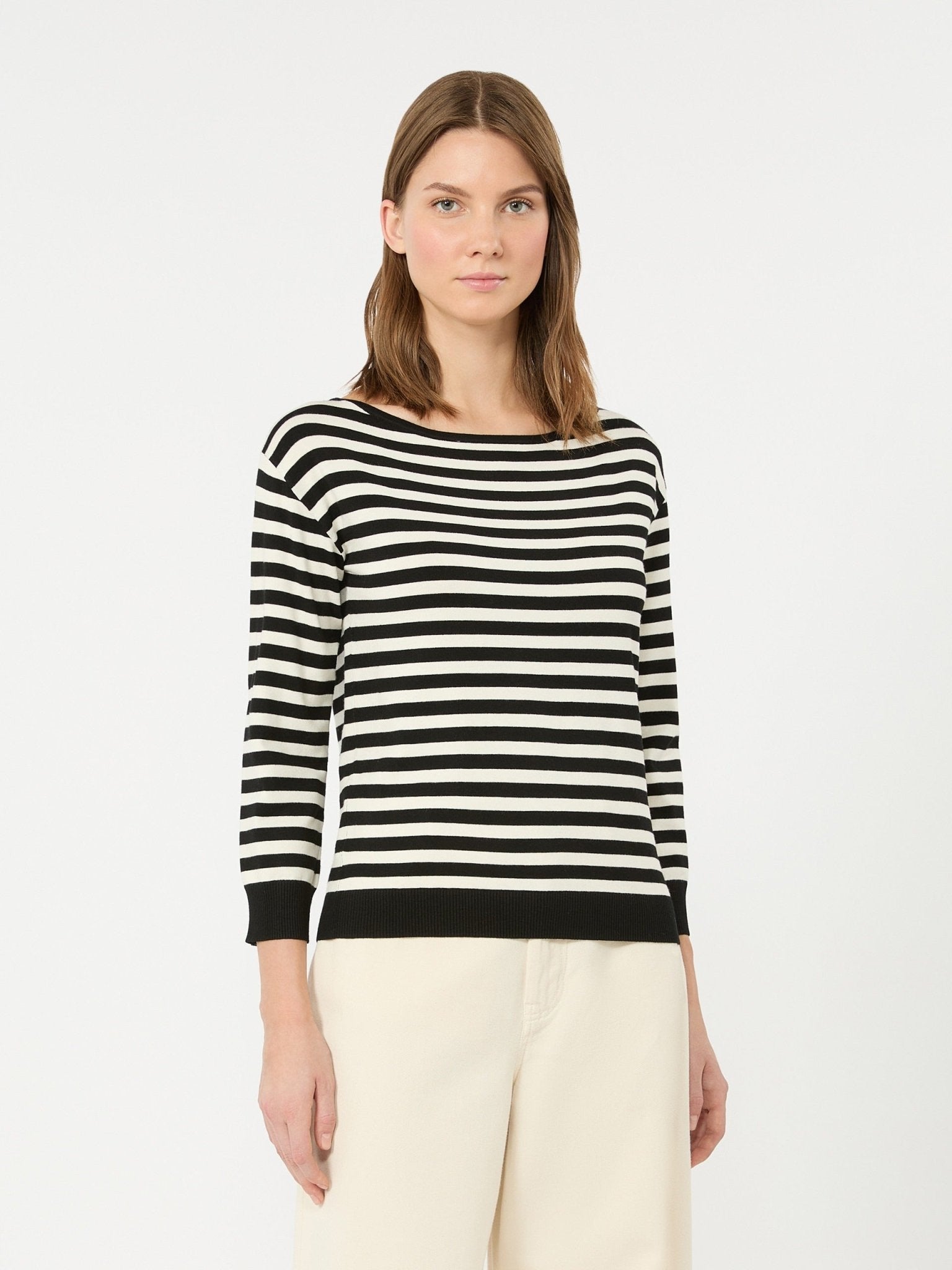 Young Ideas & Henmores -Stecca Striped Boat Neck Knit -019 Black/White -XS