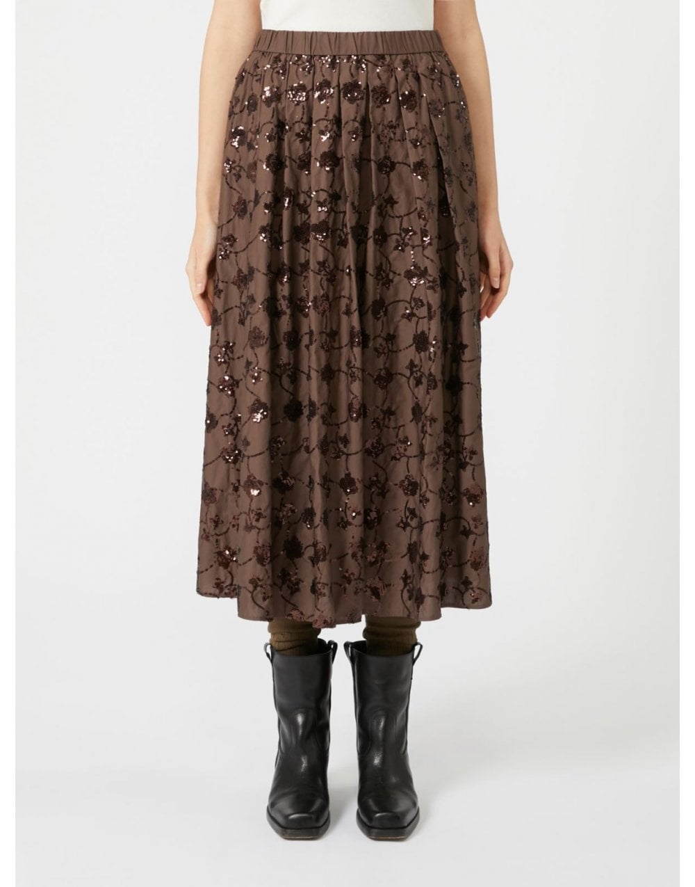 Young Ideas/Henmores - Tempra Sequin Floral Midi Skirt - 001 Chocolate - XS