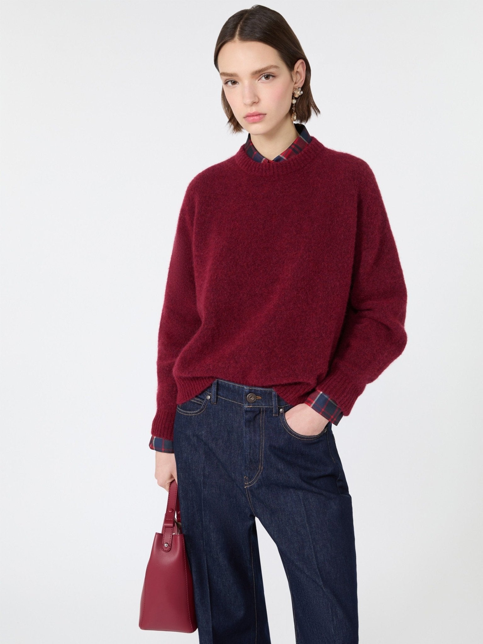 Young Ideas & Henmores -Tuono Mohair Crew Neck Jumper -011 Bordeaux -XS