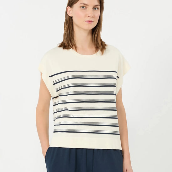 Young Ideas & Henmores - Ufo Stripe Cap Sleeve Knitted Top - 017 Ecru - XS