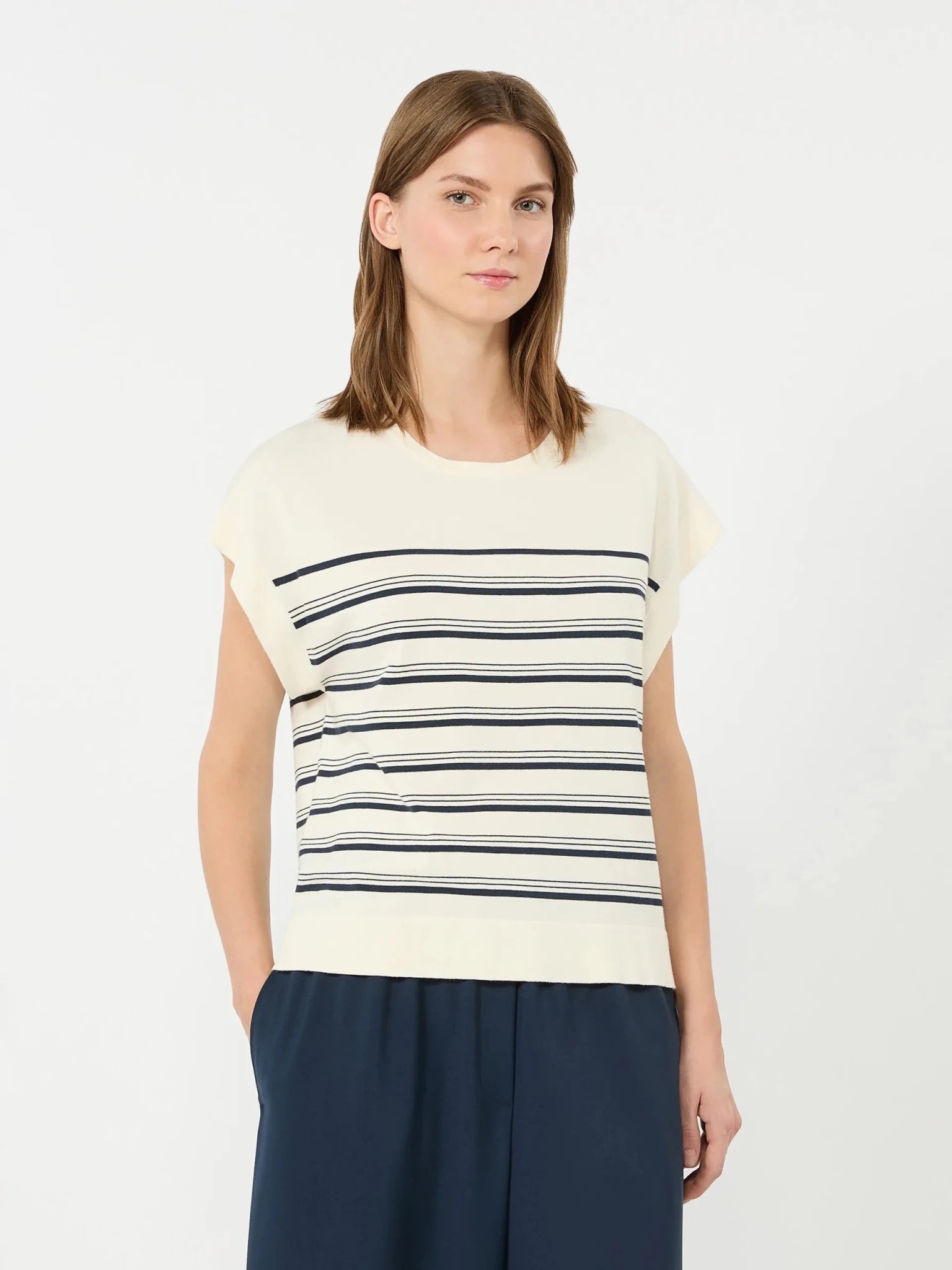 Young Ideas & Henmores - Ufo Stripe Cap Sleeve Knitted Top - 017 Ecru - XS