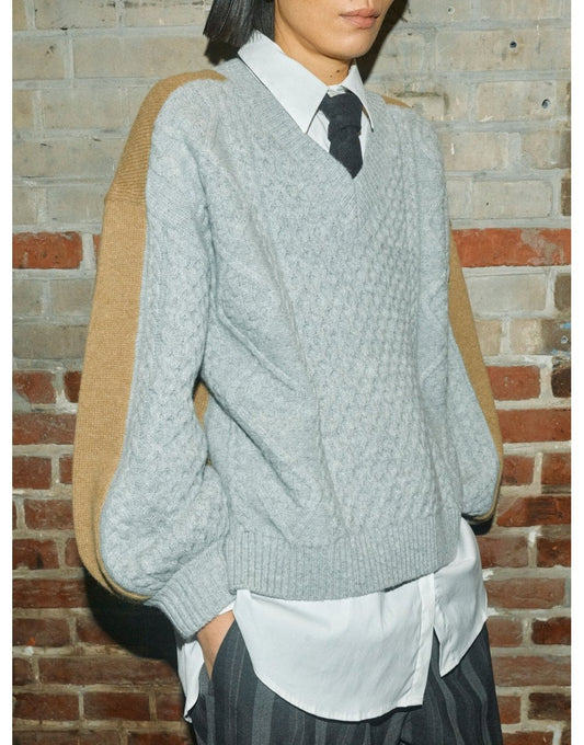 Young Ideas/Henmores - Beth Ottili Contrast V Neck Jumper - 919 Grey Melange Multi - XS