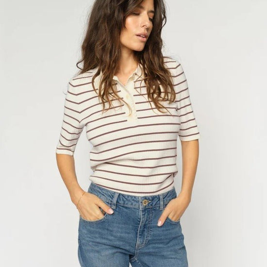 Young Ideas/Henmores - Caliz Stripe Ribbed Polo Knit - 165 Coffee Quartz - XS