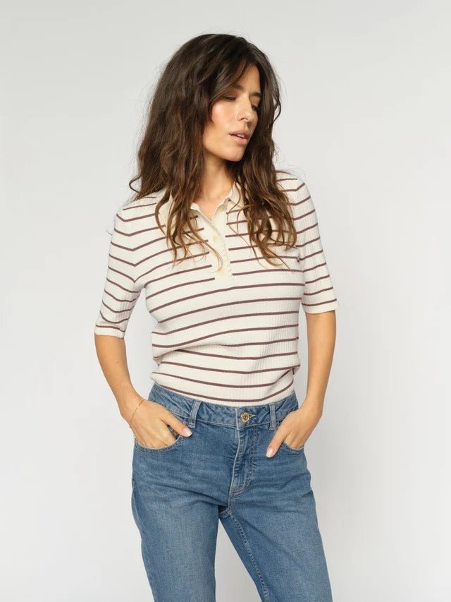 Young Ideas/Henmores - Caliz Stripe Ribbed Polo Knit - 165 Coffee Quartz - XS