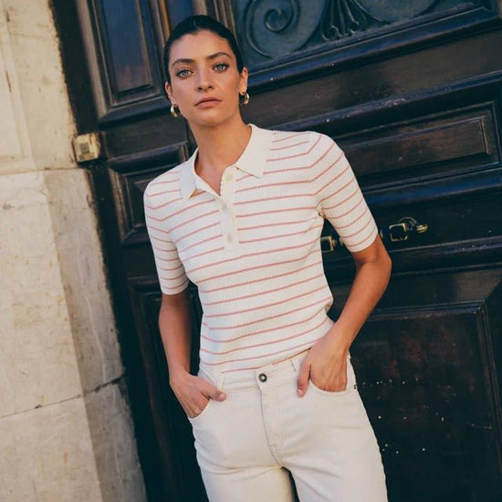 Young Ideas/Henmores - Caliz Stripe Ribbed Polo Knit - 166 Peachy - XS