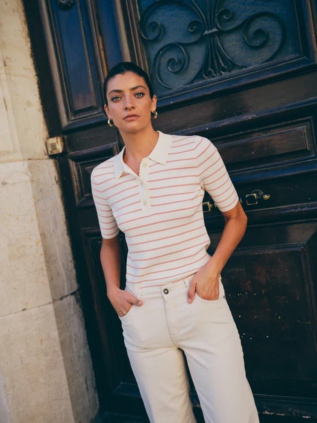 Young Ideas/Henmores - Caliz Stripe Ribbed Polo Knit - 166 Peachy - XS