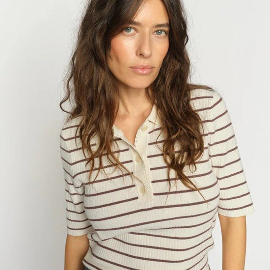 Young Ideas/Henmores - Caliz Stripe Ribbed Polo Knit - 165 Coffee Quartz - XS
