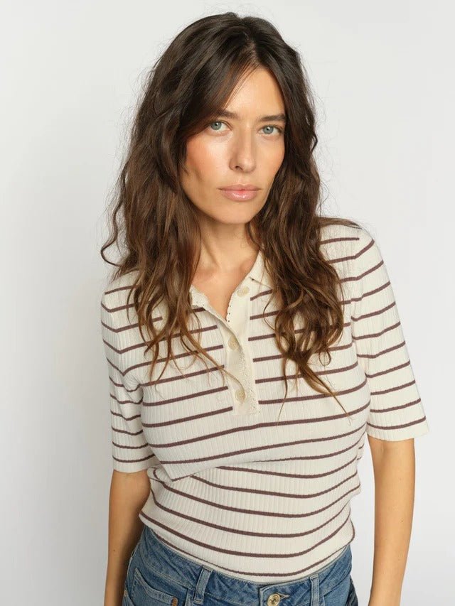 Young Ideas/Henmores - Caliz Stripe Ribbed Polo Knit - 165 Coffee Quartz - XS