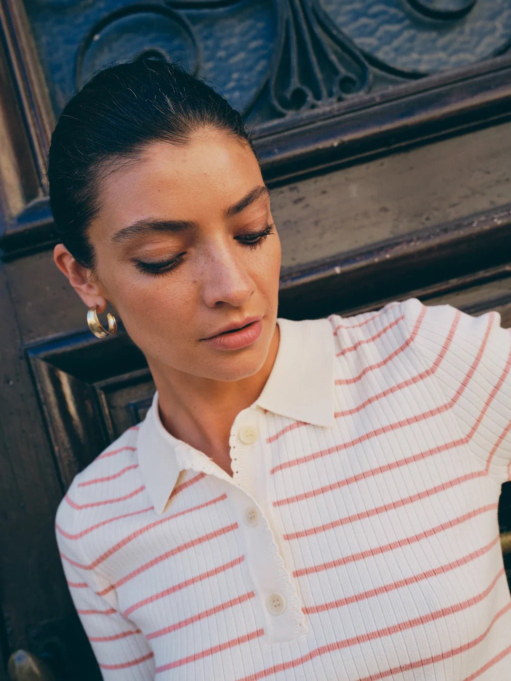 Young Ideas/Henmores - Caliz Stripe Ribbed Polo Knit - 166 Peachy - XS