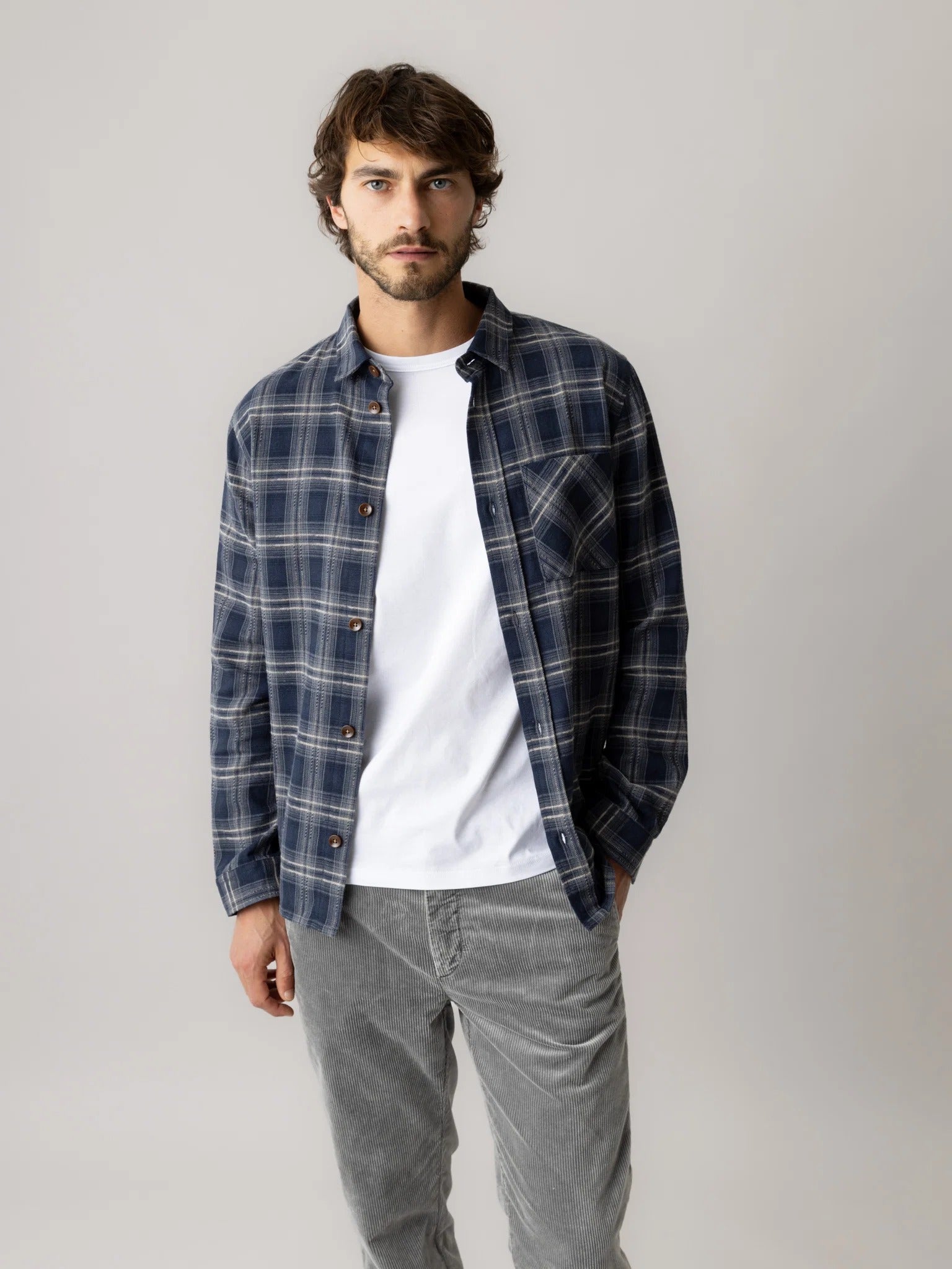 Young Ideas & Henmores -David Bruse Check Overshirt -468 Salute Navy -M