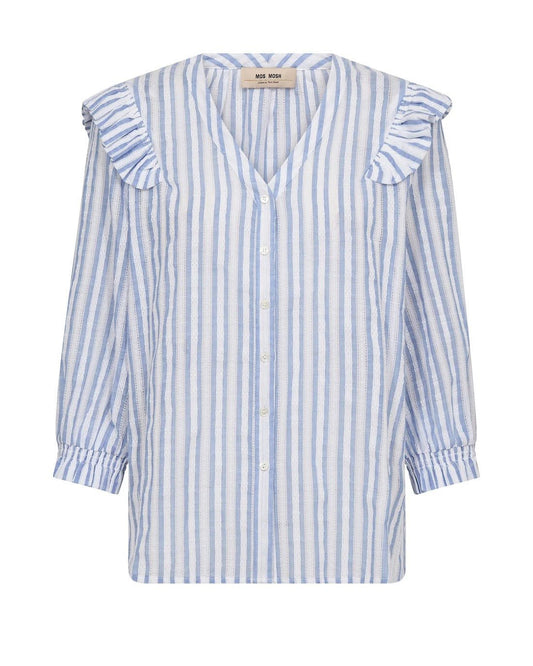 Young Ideas & Henmores -Debby Stripe Frill Shirt -835 Brunnera Blue -XS