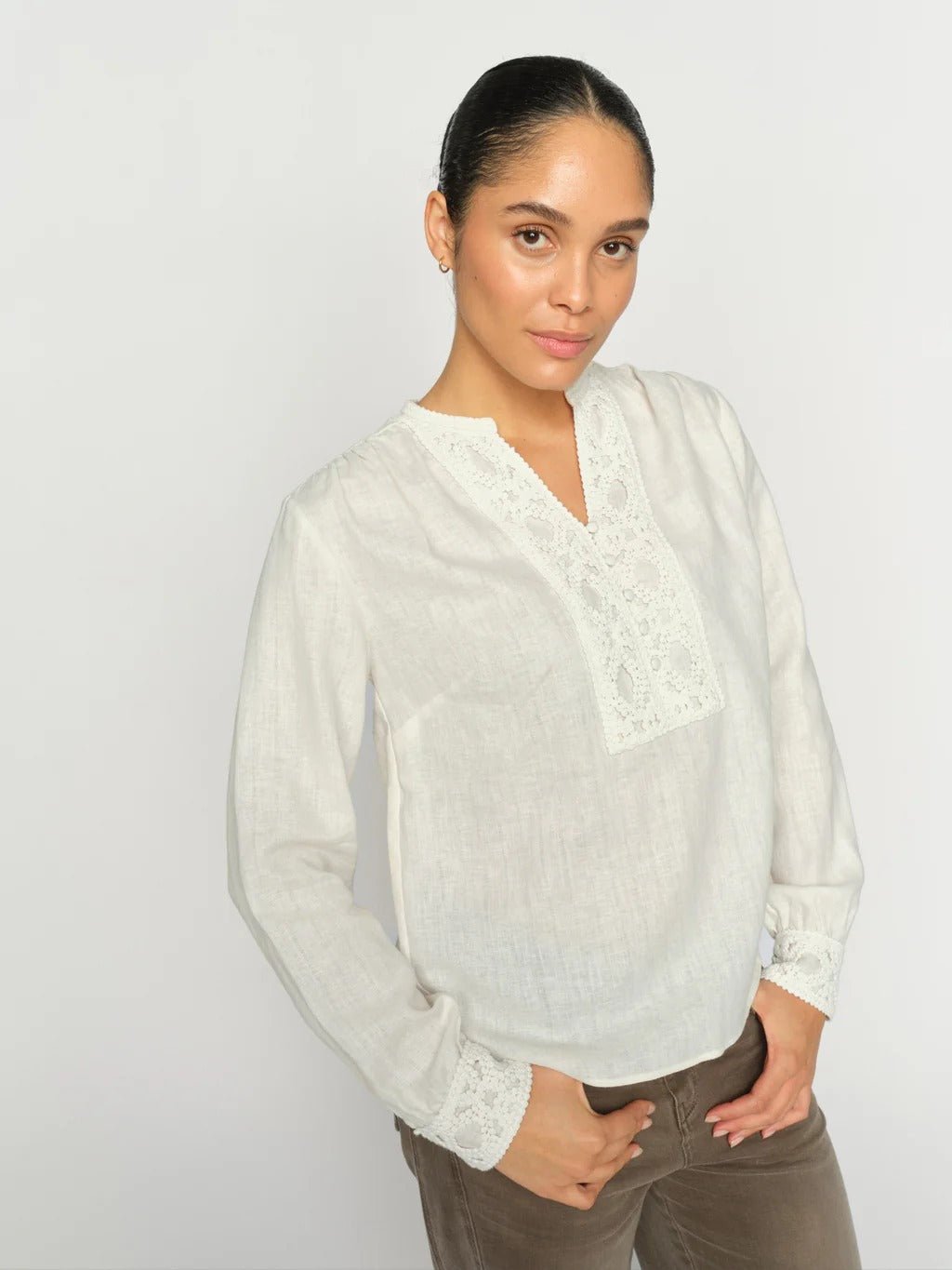 Young Ideas/Henmores - Evanda Embroidered Placket Blouse - 180 Ecru - XS