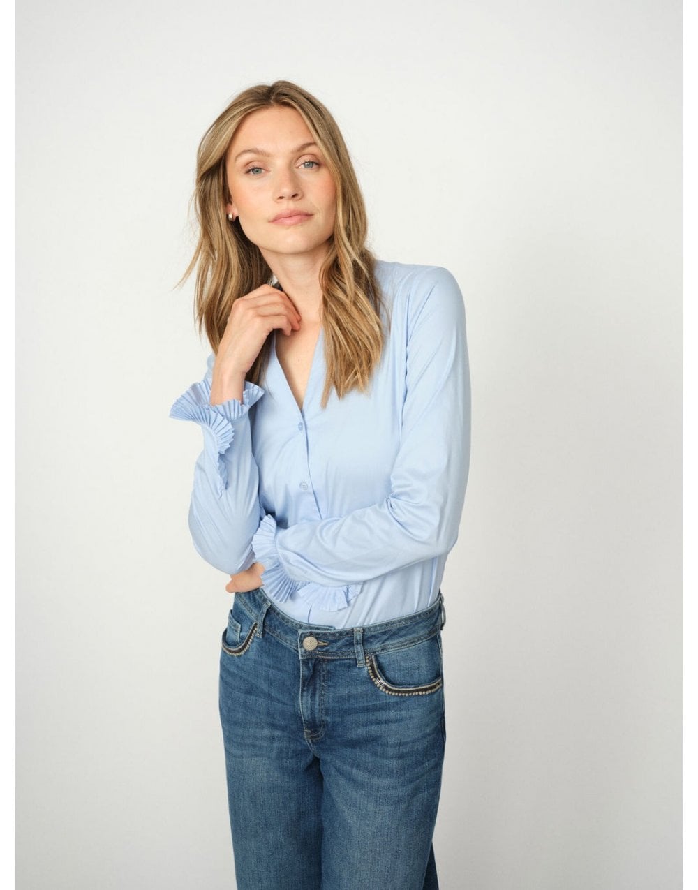 Young Ideas/Henmores - Hassie Pleated Cuff V Neck Shirt - 835 Brunnera Blue - XS