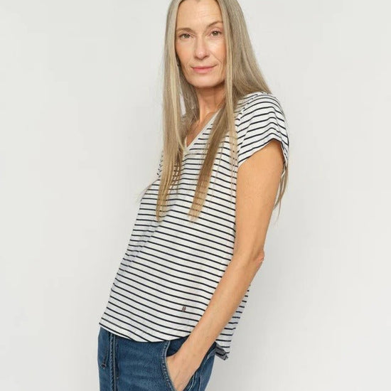 Young Ideas/Henmores - Kala Stripe V Neck T-Shirt - 468 Salute Navy - XS