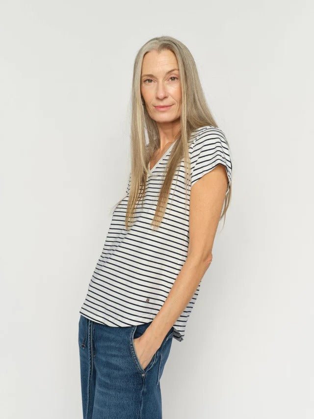 Young Ideas/Henmores - Kala Stripe V Neck T-Shirt - 468 Salute Navy - XS