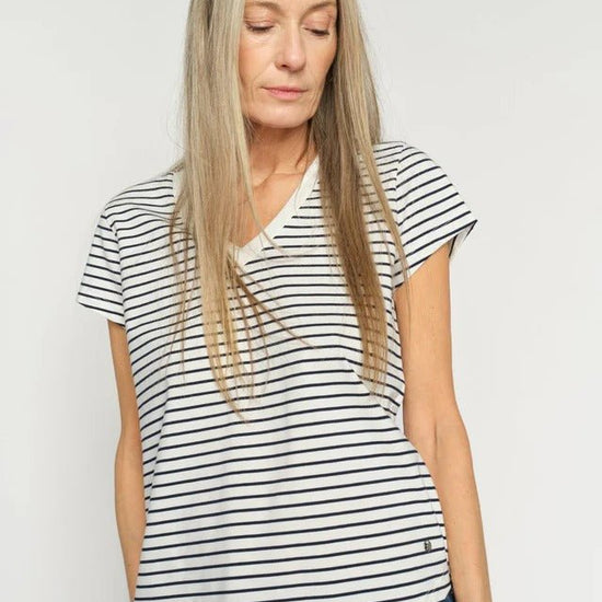 Young Ideas/Henmores - Kala Stripe V Neck T-Shirt - 468 Salute Navy - XS