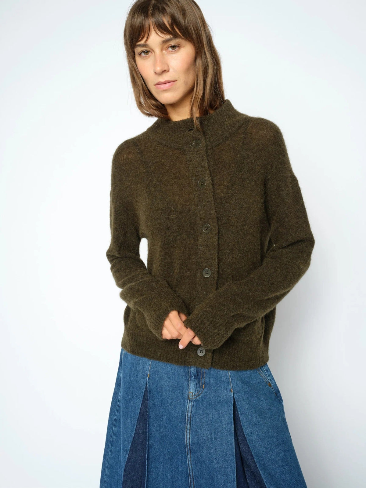 Young Ideas & Henmores -Mape High Neck Knit Cardigan -565 Rosin Moss -XS