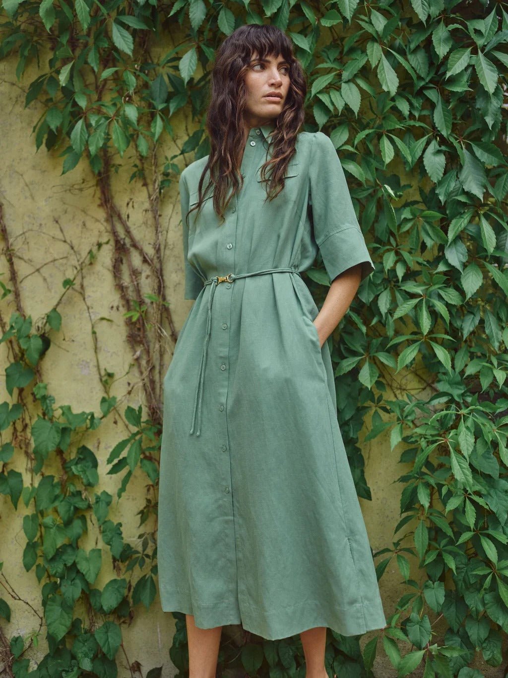 Young Ideas/Henmores - Rayas Alexis Button Down Dress - 846 Turf Green - XS