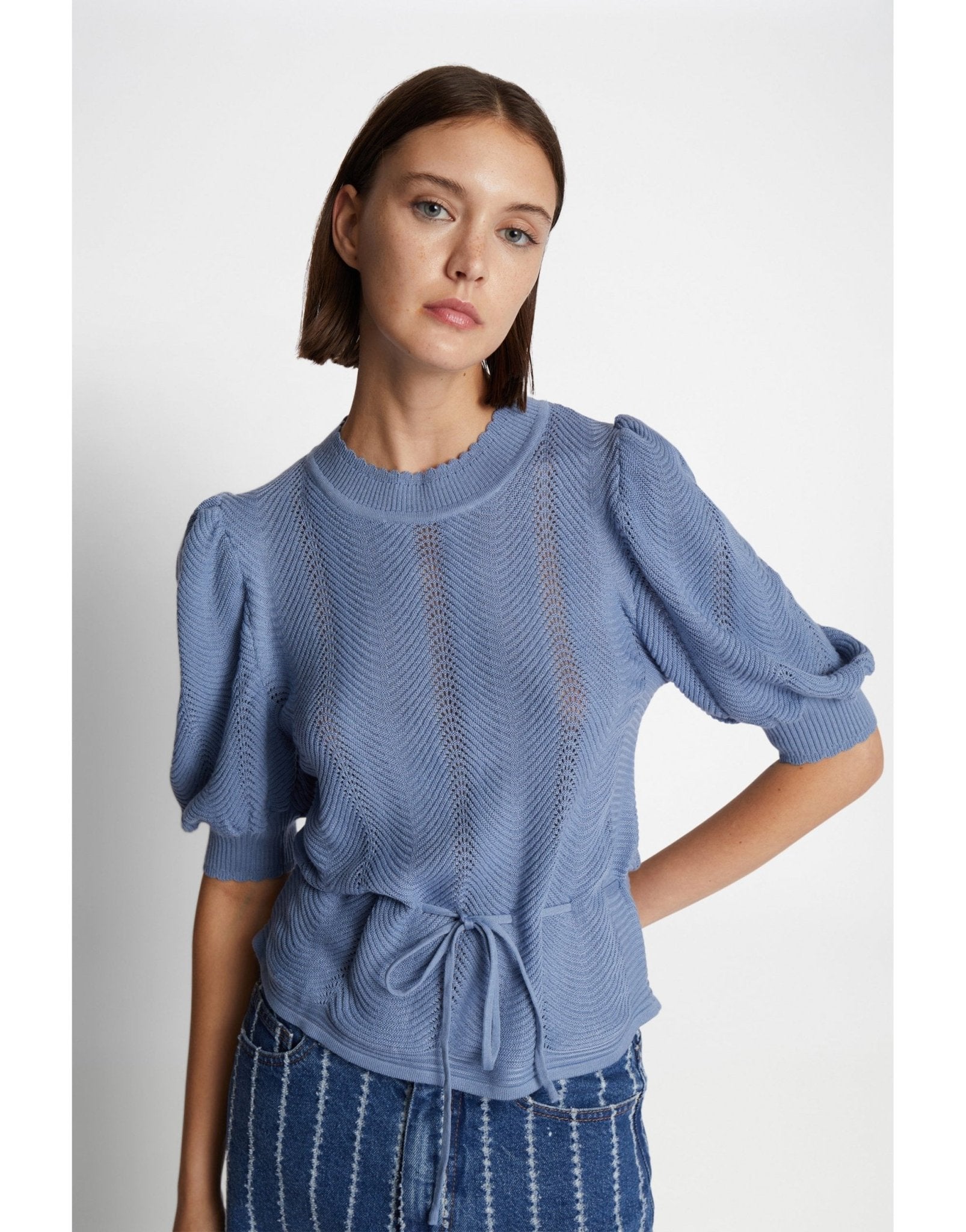 Young Ideas/Henmores - Felmine Herringbone Texture Puff Sleeve Knit - 36 Blue - 8