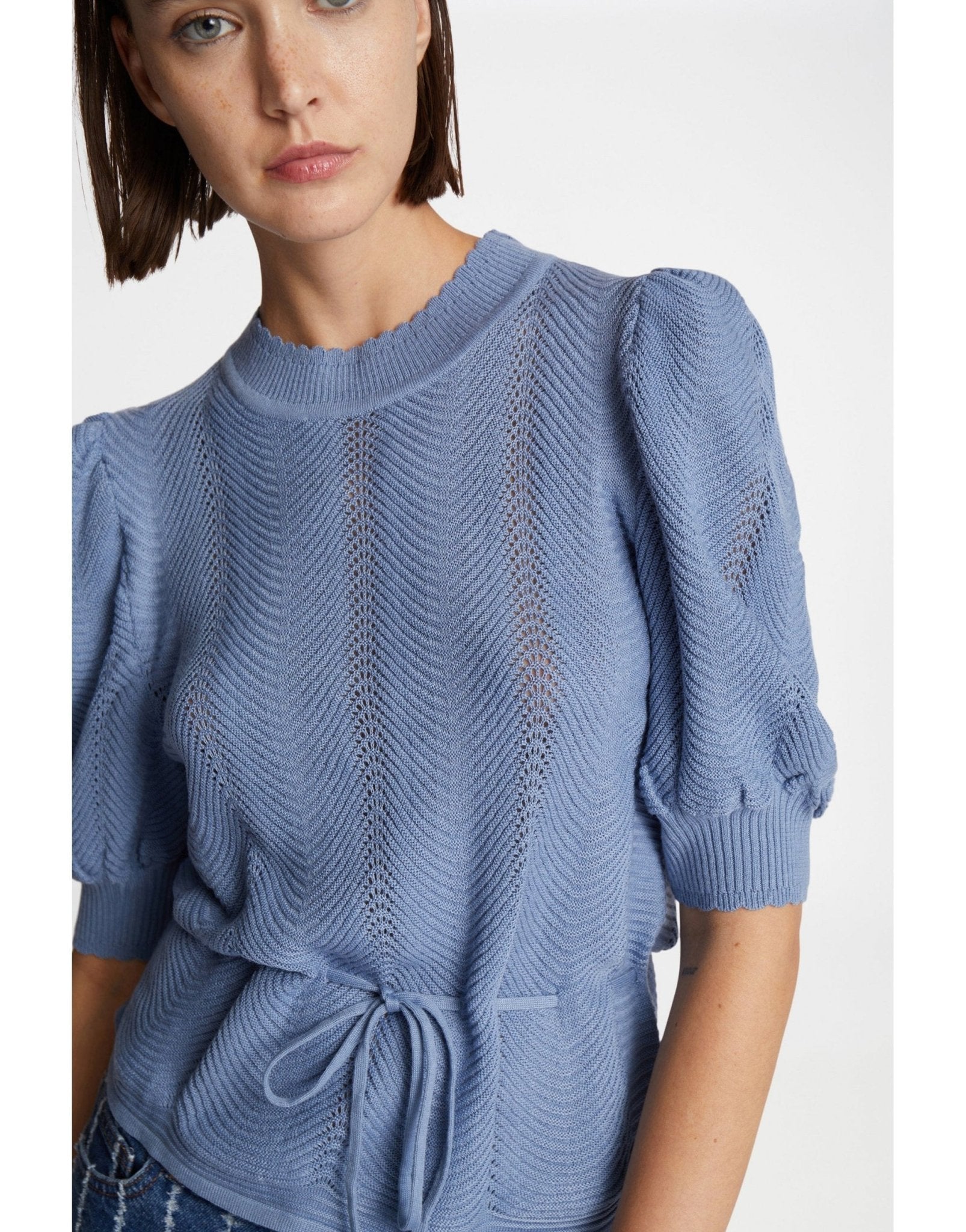 Young Ideas/Henmores - Felmine Herringbone Texture Puff Sleeve Knit - 36 Blue - 8