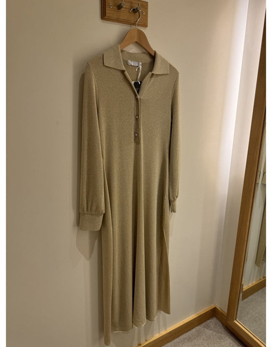 Young Ideas/Henmores - Collared Shimmer Midi Dress With Split - Gold Shimmer - 10