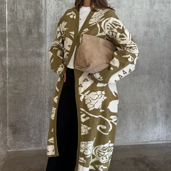 Young Ideas/Henmores - Amara Patterned Knitted Coatigan - Khaki - XS