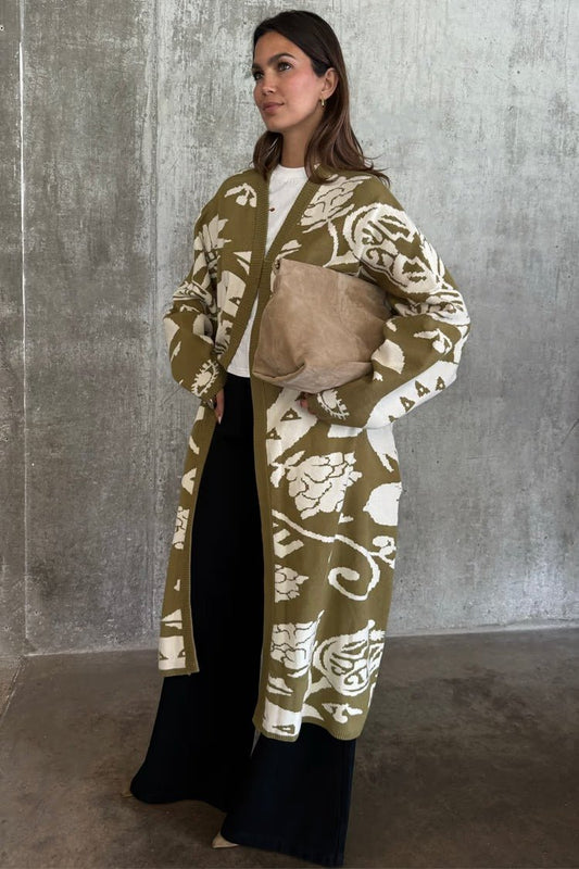 Young Ideas/Henmores - Amara Patterned Knitted Coatigan - Khaki - XS