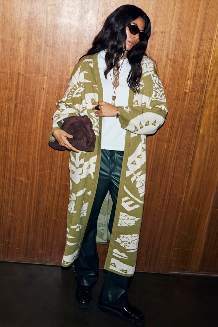 Young Ideas/Henmores - Amara Patterned Knitted Coatigan - Khaki - XS