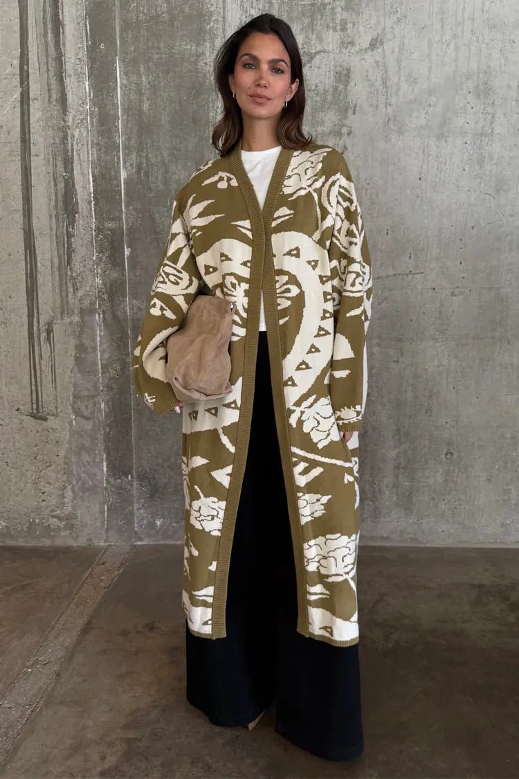 Young Ideas/Henmores - Amara Patterned Knitted Coatigan - Khaki - XS