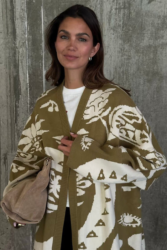 Young Ideas/Henmores - Amara Patterned Knitted Coatigan - Khaki - XS