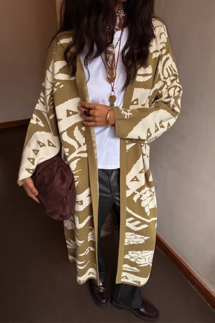 Young Ideas/Henmores - Amara Patterned Knitted Coatigan - Khaki - XS