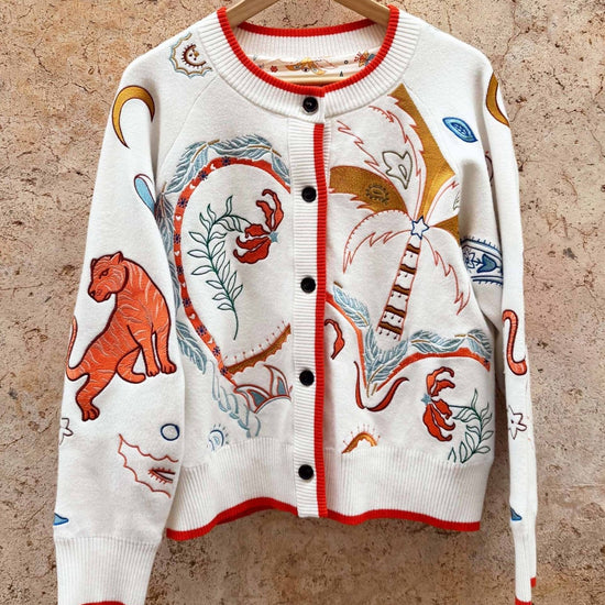 Young Ideas & Henmores -Cheryl Tigress Print Cardigan -Cream Multi -XS
