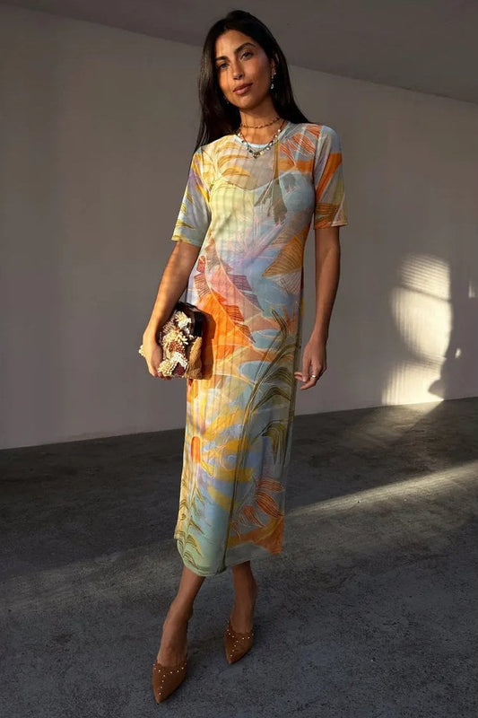 Young Ideas/Henmores - Sydney Mesh Midi Dress - Sky Blue Multi - 8