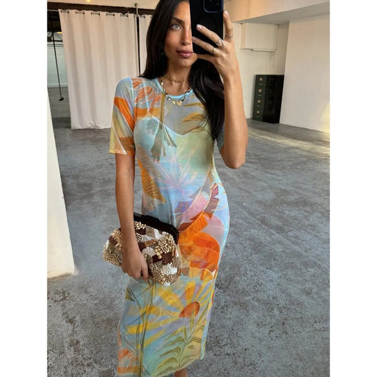 Young Ideas/Henmores - Sydney Mesh Midi Dress - Sky Blue Multi - 8