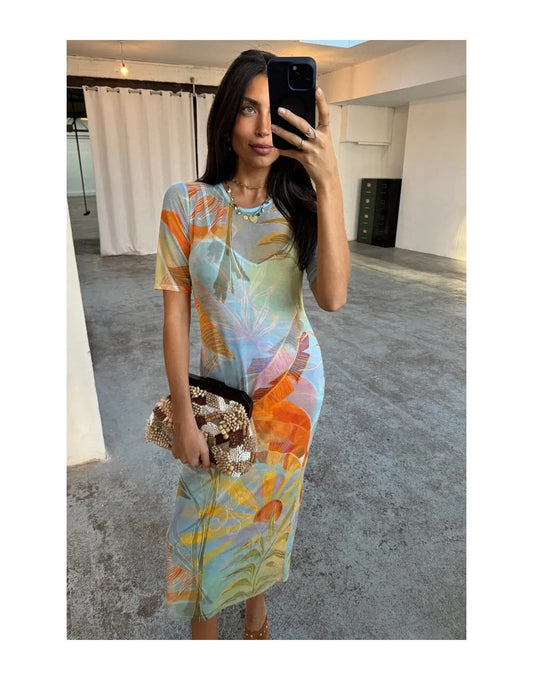 Young Ideas/Henmores - Sydney Mesh Midi Dress - Sky Blue Multi - 8