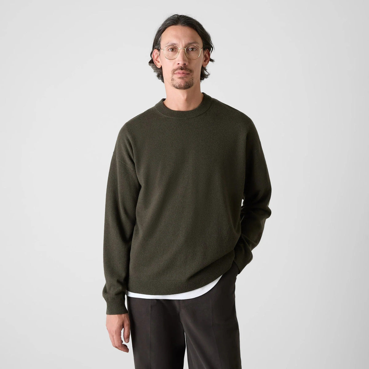 Young Ideas & Henmores -Harston Cashmere Crew Neck Knitwear Jumper -Khaki -M
