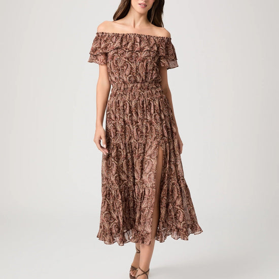 Young Ideas & Henmores -Alistar Off Shoulder Silk Paisley Dress -Oak Multi -XS