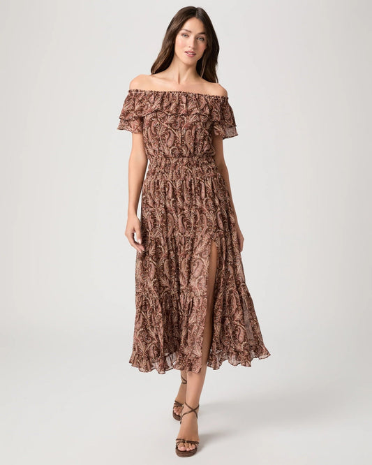 Young Ideas & Henmores -Alistar Off Shoulder Silk Paisley Dress -Oak Multi -XS