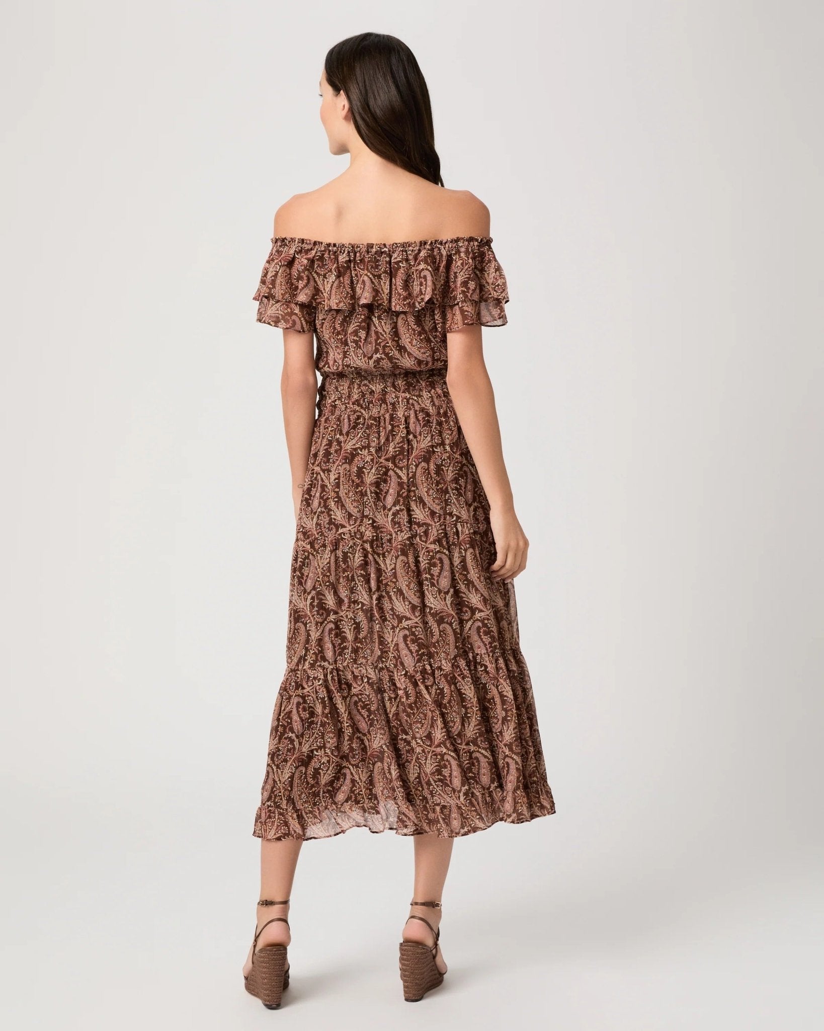 Young Ideas & Henmores -Alistar Off Shoulder Silk Paisley Dress -Oak Multi -XS