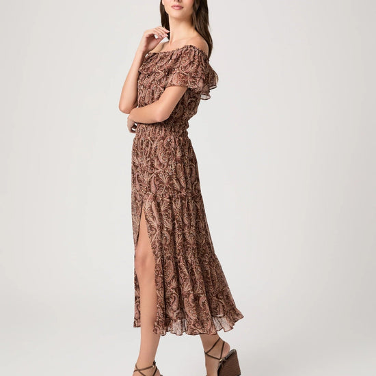 Young Ideas & Henmores -Alistar Off Shoulder Silk Paisley Dress -Oak Multi -XS