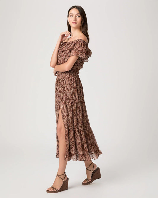 Young Ideas & Henmores -Alistar Off Shoulder Silk Paisley Dress -Oak Multi -XS