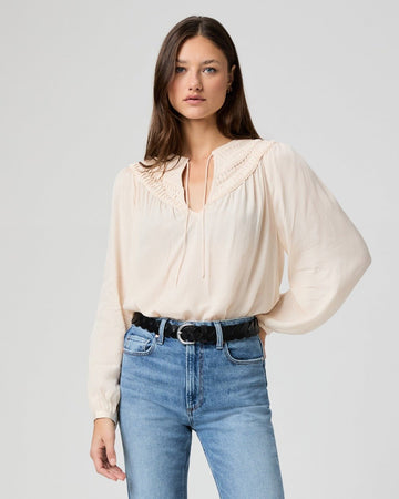 Young Ideas/Henmores - Milani Tie Neck Ruched Blouse - Antique White - XS